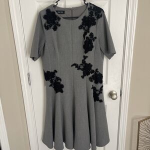 Rickie Freeman Teri Jon Fit & Flare Gray Black Floral Embroidered Dress Size 12